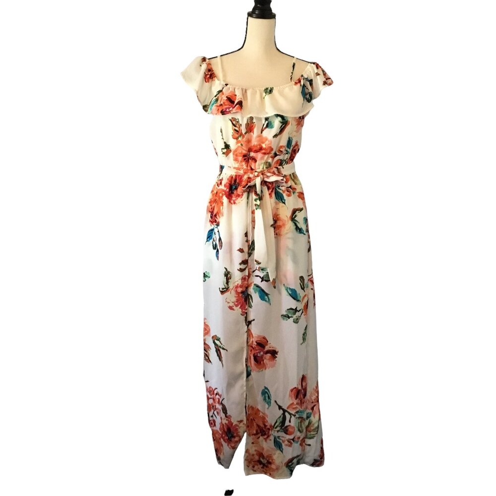 Love Reigns womens floral romper with long slit skirt. Size large - NWT
